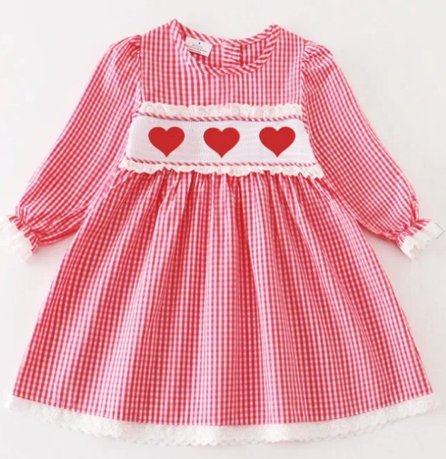 NEW Boutique Valentine's Day Smocked Embroidered Heart Long Sleeve Dress
