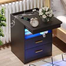 Nightstand with Gun Drawer, Bedside Table with Charging Station and LED Lights