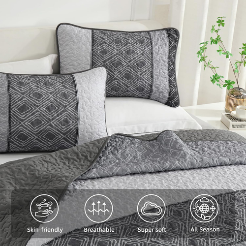 Cottolester Boho Quilt Set King Size 3 Pieces,Grey Striped Plaid Bedspread,Soft - Picture 3 of 6