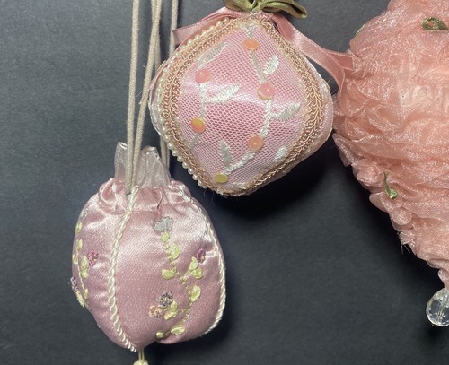 Vtg Victorian Pink Plush Ornaments Pink Balls Pearls Floral Dangle Christmas - Picture 6 of 15
