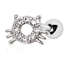 Cartilage/Tragus Ear Hello Kitty Cat w/Clear Gems 16 Gauge 1/4" 8mm Steel 