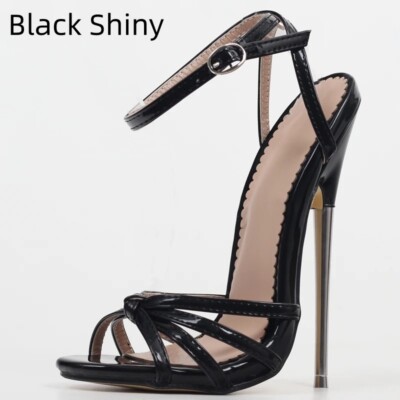 Black Fetish High Heels Sandals Pointed Toe Shoes Metal Thin Heels Unisex Shoes