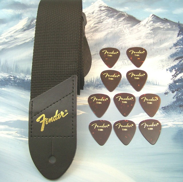 GUITAR STRAP GENUINE FENDER BLACK w/ GOLD LOGO + 10 CLASSIC THIN