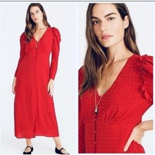 J CREW Red Drapey Puff Sleeve Midi Dress in Polka Dot Size 6 Feminine Weekend