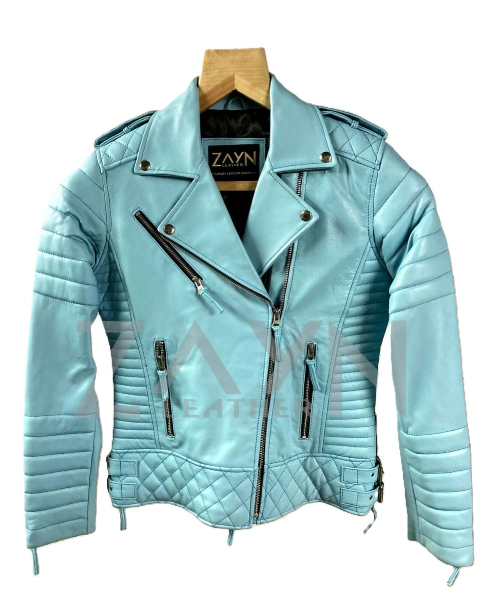 Women's Sky Blue Leather Motorcycle Jacket 100% Real
