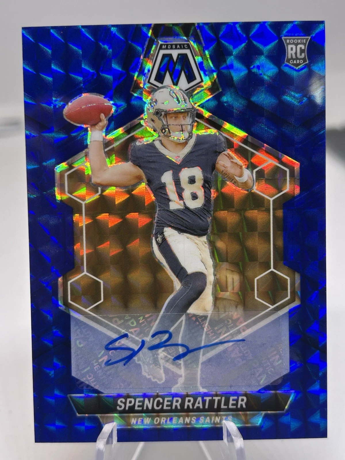 Spencer Rattler 2024 Panini Mosaic Blue Prizm Rookie Auto #393 /99 SSP Saints
