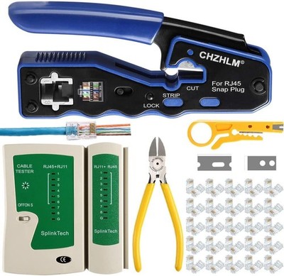 RJ45 Crimper Kit Cat6 Cat5 Pass Through 50 Stecker Kabeltester Abisolierzange