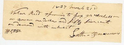 1837 Handwritten Debt Note 1837 $50 Loan Interest Due Luther Zimmerman Signed