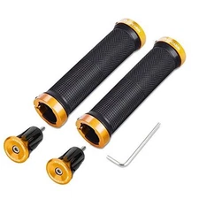 Double Lock Bicycle Handlebar Grips - Aluminum lock plug+Grips (Gold 1 Pair)