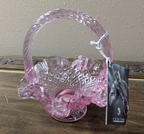 Fenton Rose Pink Glass Basket Ruffled Edge Diamond Pattern With Sticker And Tag