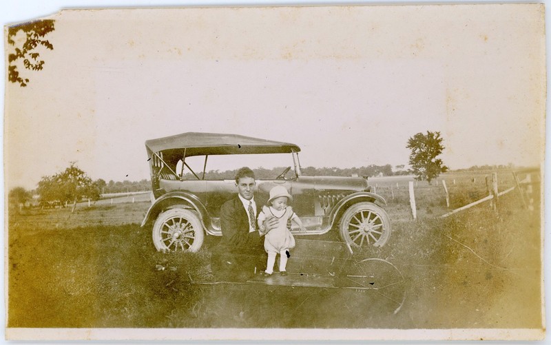 Antique Snapshot Man Holding Baby & 1916-19 Dodge Touring Car Wooden Wheelbarrow
