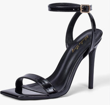 NWB Elisabet Tang Black Patent Heels Ankle Strap Stiletto Sandals Size 7.5