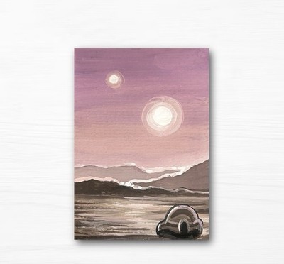 Original Handpainted ACEO  Twin Sunset  Painting Star Wars Tatooine Sci-fi Art