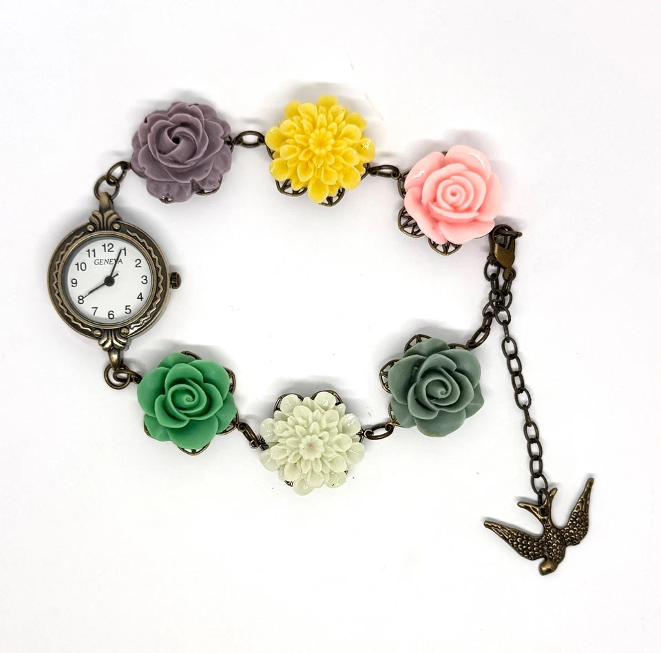 Handcrafted Bronze Geneva Ladies Watch with Resin Flower Band Item #1071 - Image 3 of 3