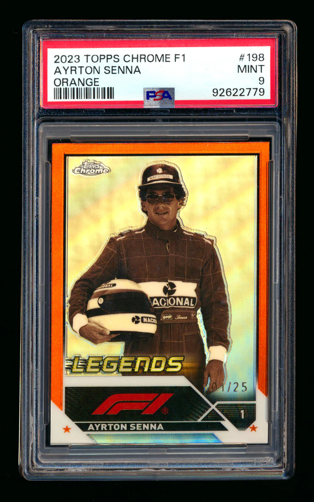 2023 Topps Chrome F1 #198 Ayrton Senna 1ST Year Orange Refractor #01/25 PSA 9
