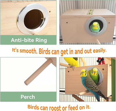 Bird Nest, Parakeet Nest Box, Bird Breeding Box with Perch, Wood