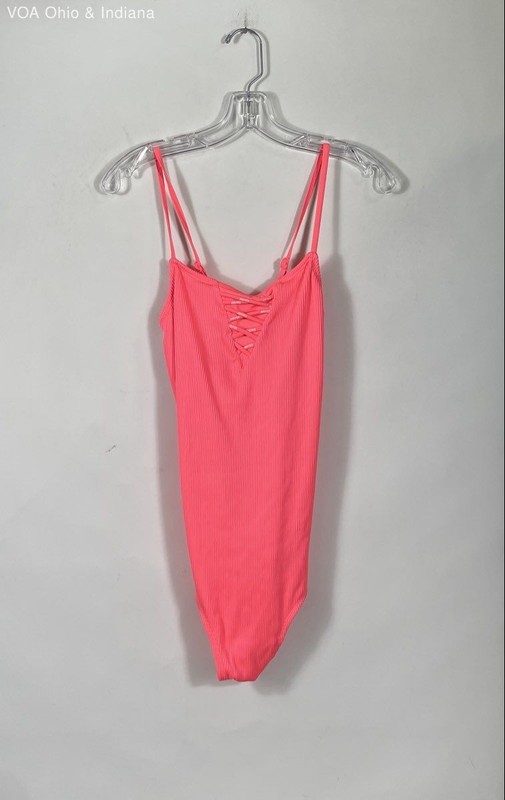 Justice Girls' One Piece Swimsuit Neon Pink Ribbed Lace Up Logo Size 24 Plus