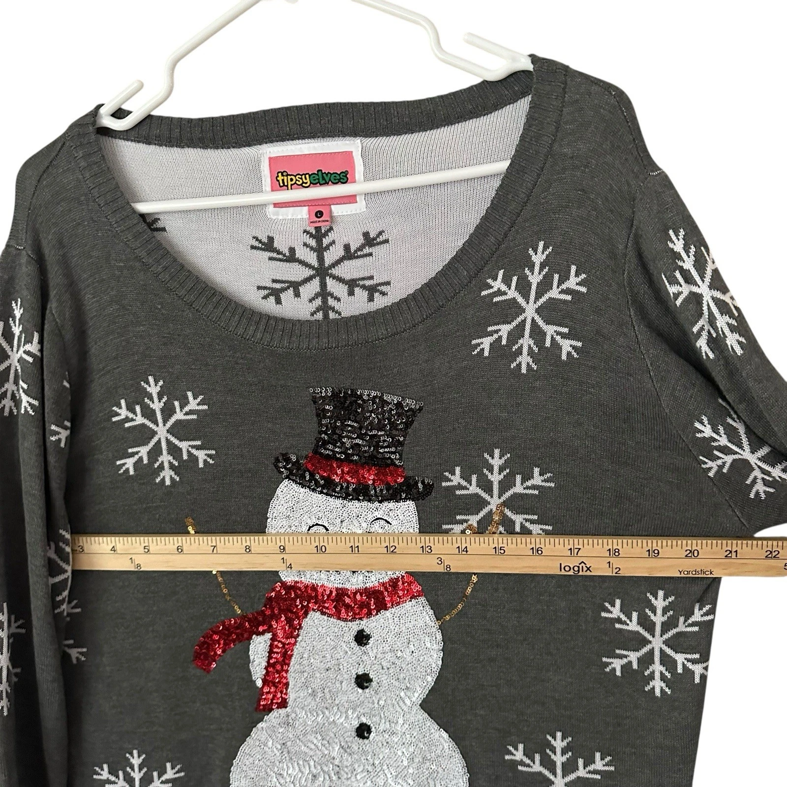 Tipsy Elves Sequined Snowman Christmas Sweater Womens L Gray Snowflakes Pullover