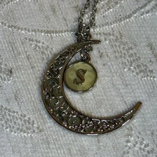 19" silver toned lightweight necklace Crescent Moon with “S” initial.