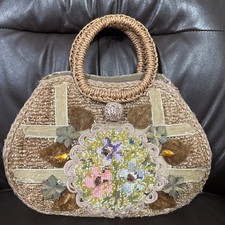 Vintage Womans Raffia Handbag Floral Beaded Embellished with Handle