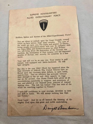 WW2 WWII Military 1944 D-Day Great Crusade General Eisenhower Letter - ORIGINAL
