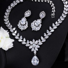 Top Quality Silver Plated Cubic Zirconia Leaf Drop Necklace Earrings Jewelry Set