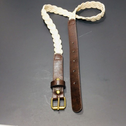 Girls Belt Medium Large Ivory Brown Braided Skinny - Picture 6 of 6