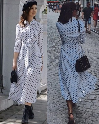 Zara 19 Off White Linen Cotton Button Up A Line Midi Long Polka