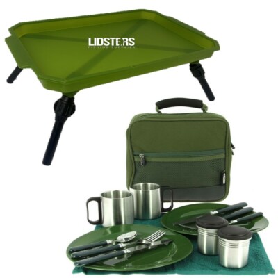 NGT Deluxe Angeln Camping Picknick Tag Besteck Set + grüne Listers Bivvvy Tisch