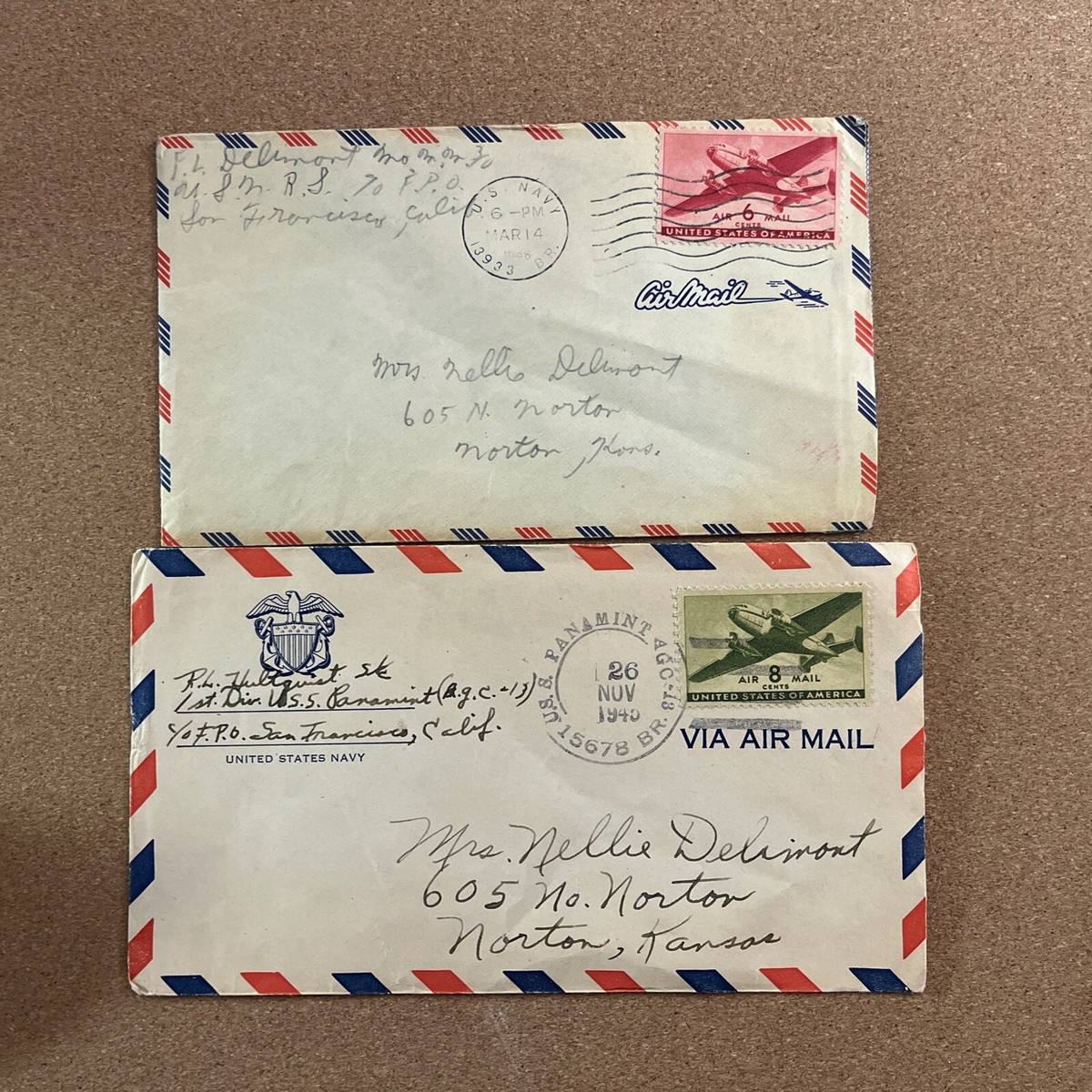 Vintage Air Mail 6, 8 Cent Stamps Red Green Air Mail Envelope Used