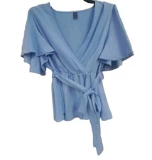 Shein Curve Women Plus 1 XL Solid Baby Blue V-neck Wrap Belted Tie Blouse Top