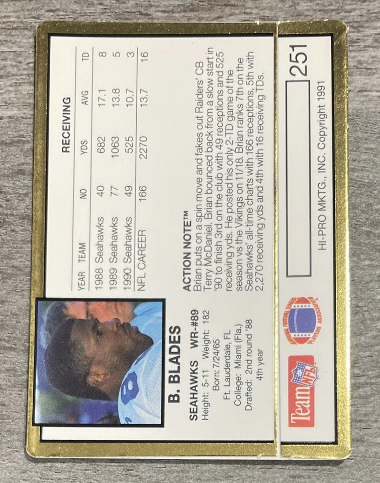 Brian Blades 1991 Action Packed Seahawks #251  *F686* - Image 2 of 2