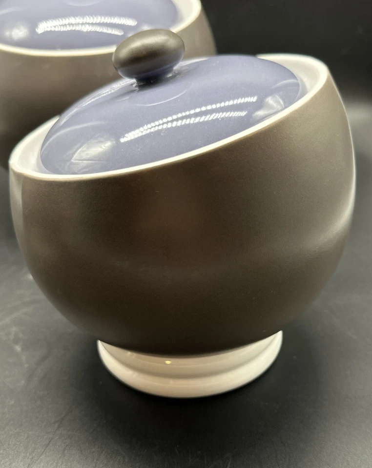 Juego de 3 botes de cerámica Mid Century esfera atómica orbe gris carbón y violeta Foto 4 de 4