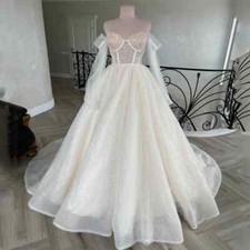 Shiny Champagne Sweetheart A-Line Wedding Dresses Beading Long Sleeve BridalGown