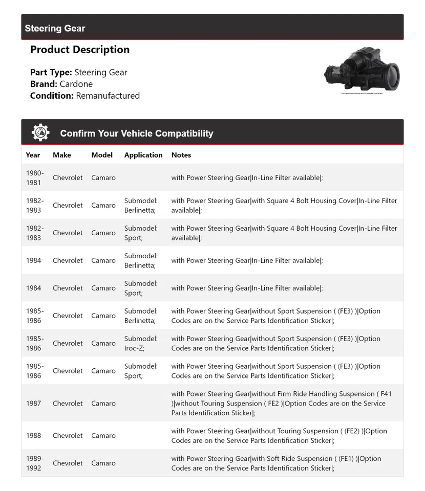 Engrenagem de direção Cardone 1981 1982 1983 1984 1985 Chevrolet Camaro 1980-1992 - Imagem 2 de 4