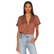 PAIGE Satin Blouse Dijon Short Sleeve Bodysuit in Brown Bronze Dust-Size Small