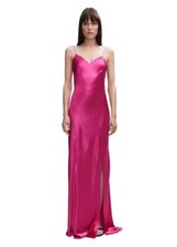 Mango Womens Slip Maxi Dress Side-Slit Satin Sleeveless V-Neck Pink Open Back