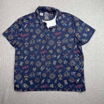 Birdie Bound Shirt Mens 2XL Navy Patriotic USA Fireworks Golf Polo Print