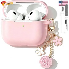 Cute Pink Case for Airpods Pro 3 Cover for Girl Women with Pom pom Flower Key...