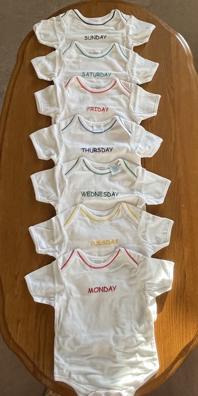 NWOT Infant One Piece Romper One For Each Day Of The Week Primary Color Stripe