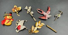 Vintage Brooch Lot 8pcs Mixed Enamel Rhinestone Floral Birds Christmas Jewelry