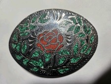 Oval Rose Turquoise Coral Chip Inlay Silver Tone Southwestern Belt Buckle BRAVE