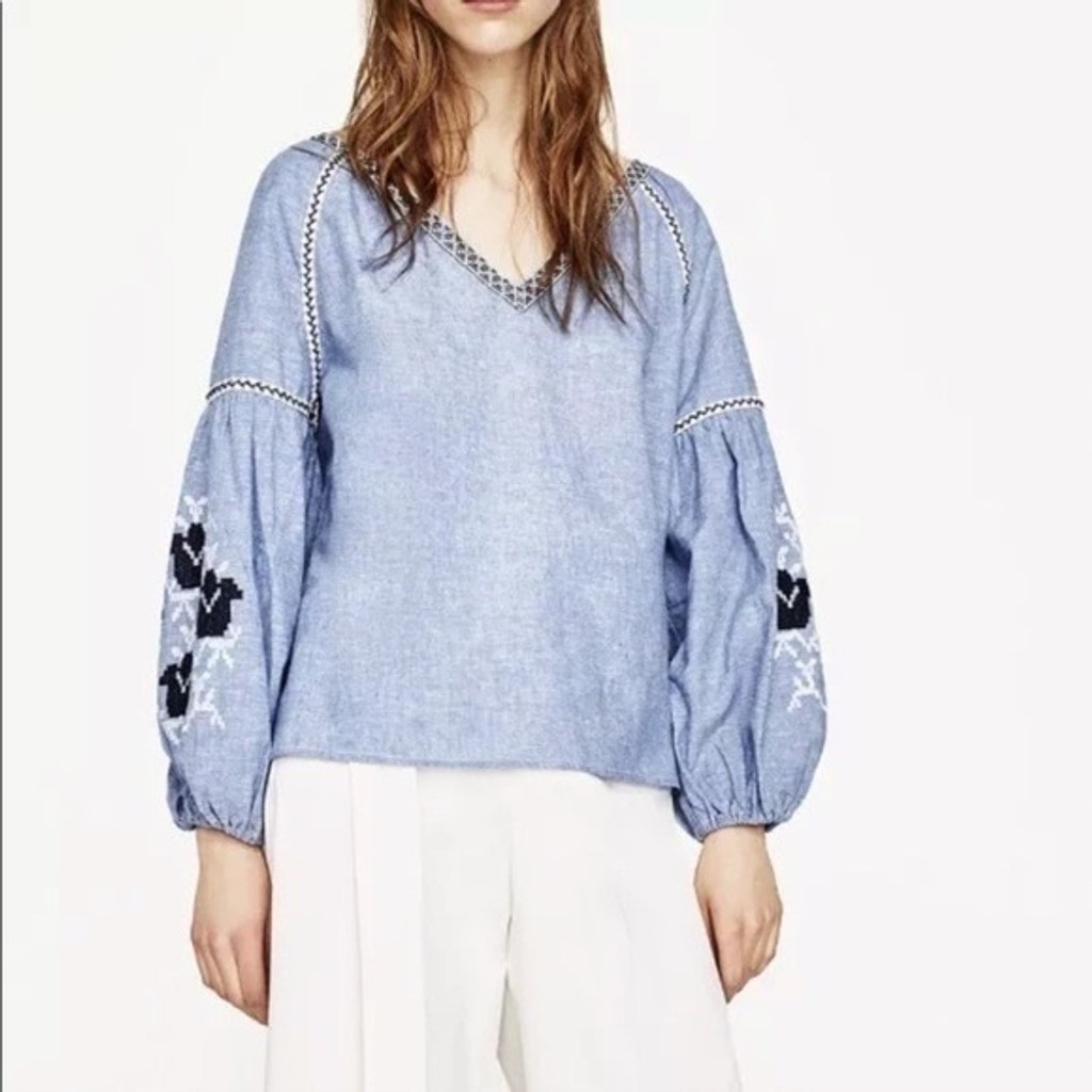 Zara Basic Collection Peasant Blue Embroidered Bl… - image 2