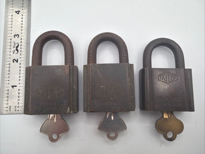 3 Vintage Brass Padlocks W/ Keys ELGIN TAYLOR Art Deco Working