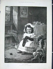 Original Old Antique Print Grandmother Salmon Child Kitten Fine Art 1889 19th