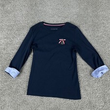 Tommy Hilfiger Shirt Girls Small Blue Flip Cuff Bow Charm Accent Pullover