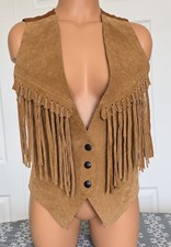 Vtg Learsi Suede Fringe Vest Women's S Western Boho Tan Leather Suede Vest Rodeo