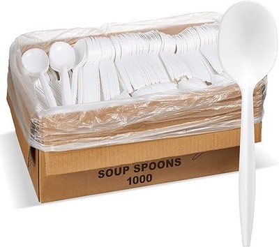 ABILITY ONE Disposable Spoon: White, Medium-Wt, Plastic, Unwrapped, 1000 PK
