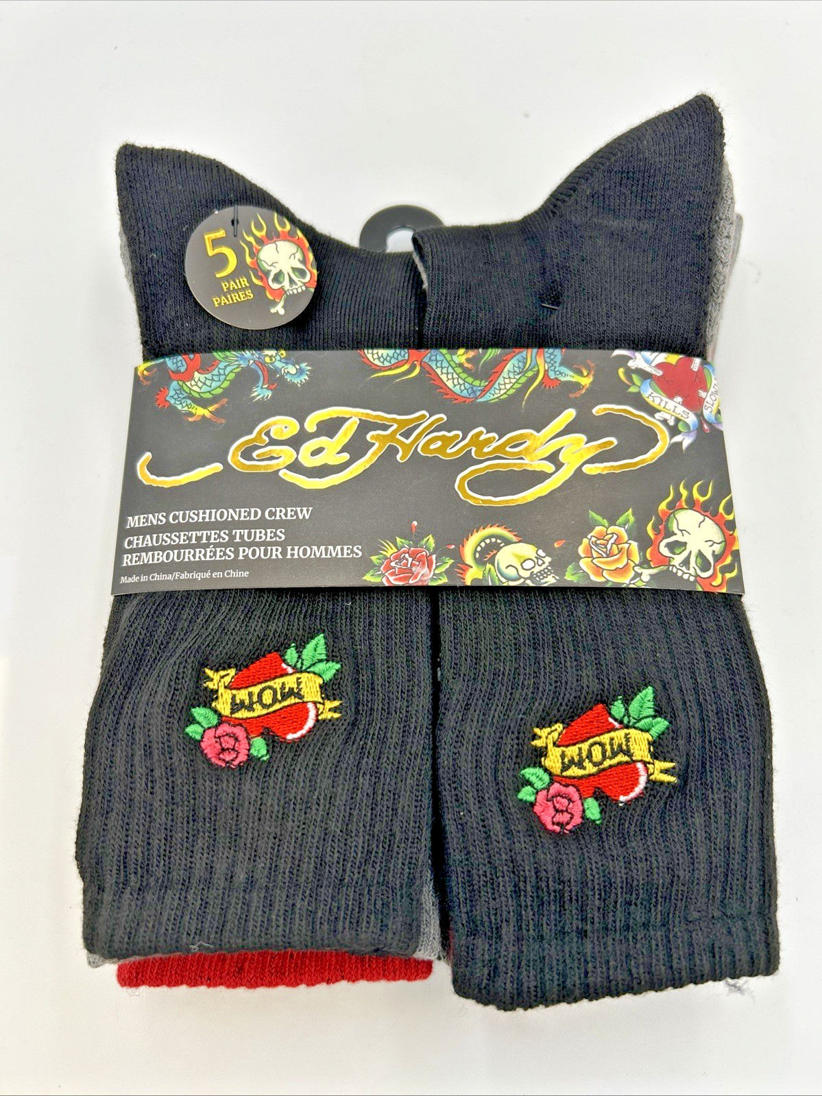 ED HARDY Men's Cushioned 5pairs Crew Socks Shoe Size 6-12 Br