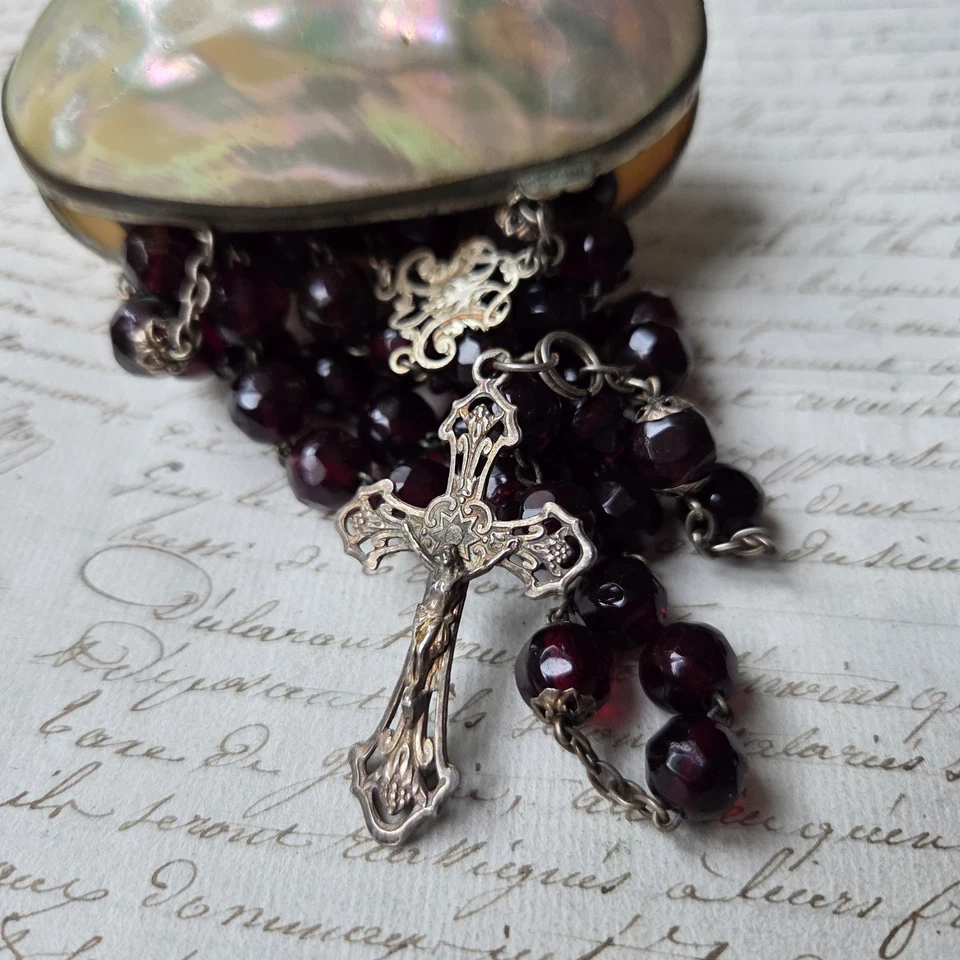 Chapelet Ancien Argent Cristal Grenat Boite Œuf Nacre XIXè French Rosary 19thC - Photo 2/4
